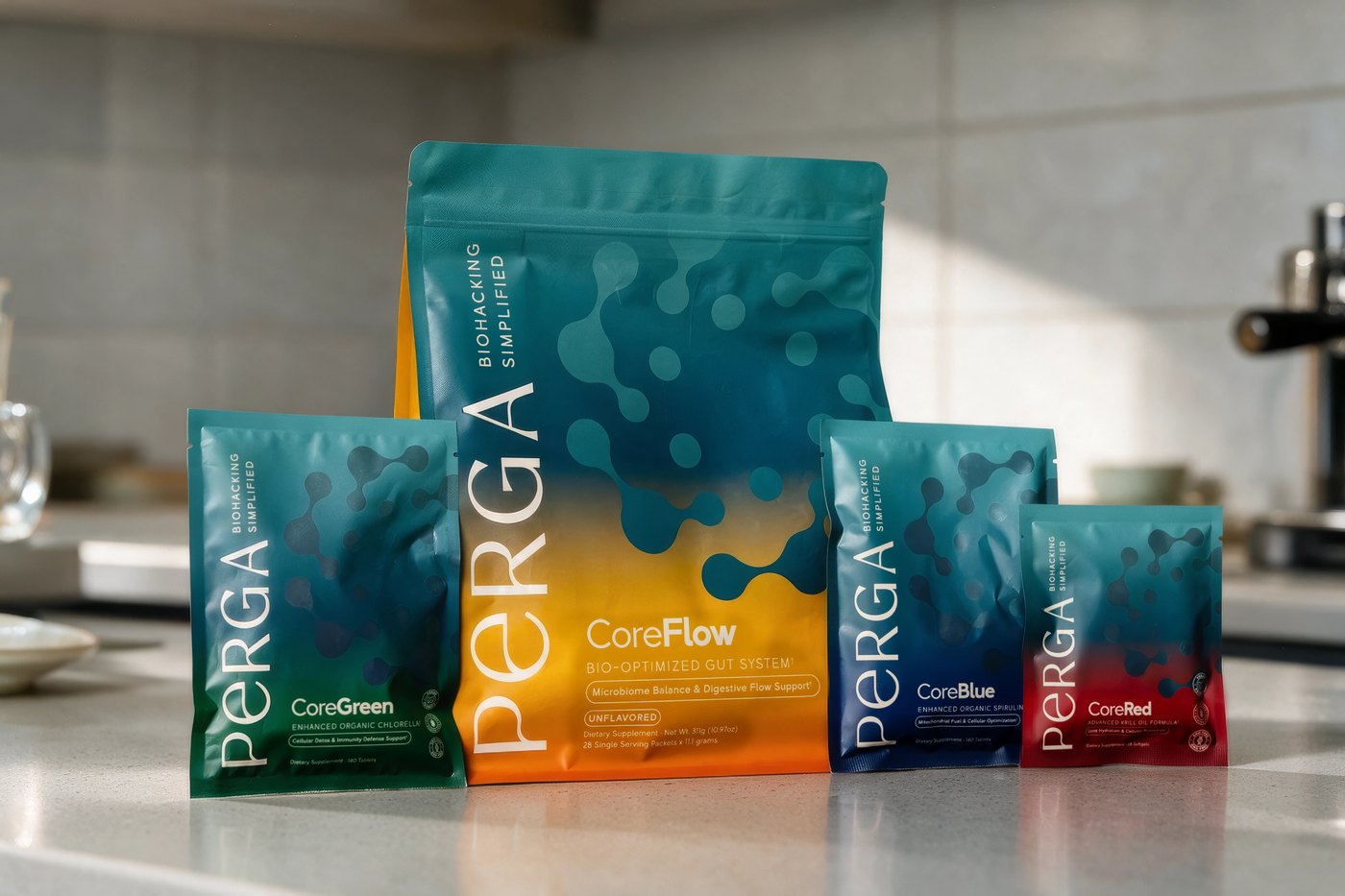 The Core 4: CoreGreen, CoreFlow, CoreBlue and CoreRed on a kitchen counter