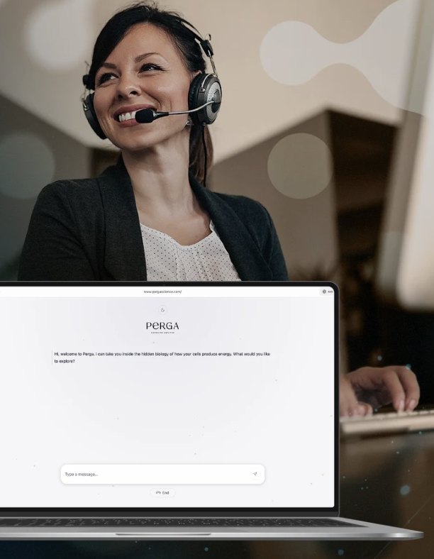 A Perga support team member on a headset, with the PergaScience AI assistant open on a laptop